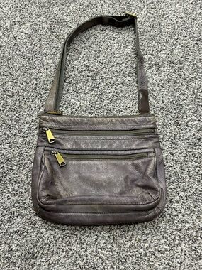 Fossil Explorer Grey Leather 3 Zip Pocket Crossbody/Shoulder Bag Purse